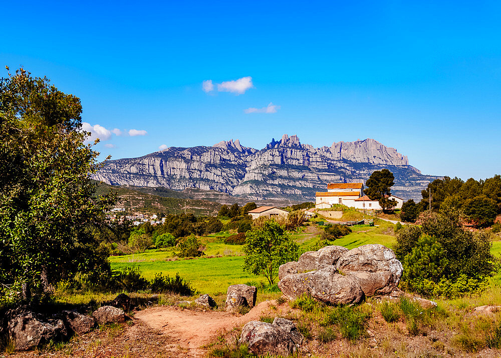 View towards the Montserrat, a multi-peaked mountain range near Barcelona, Catalonia, Spain, Europe