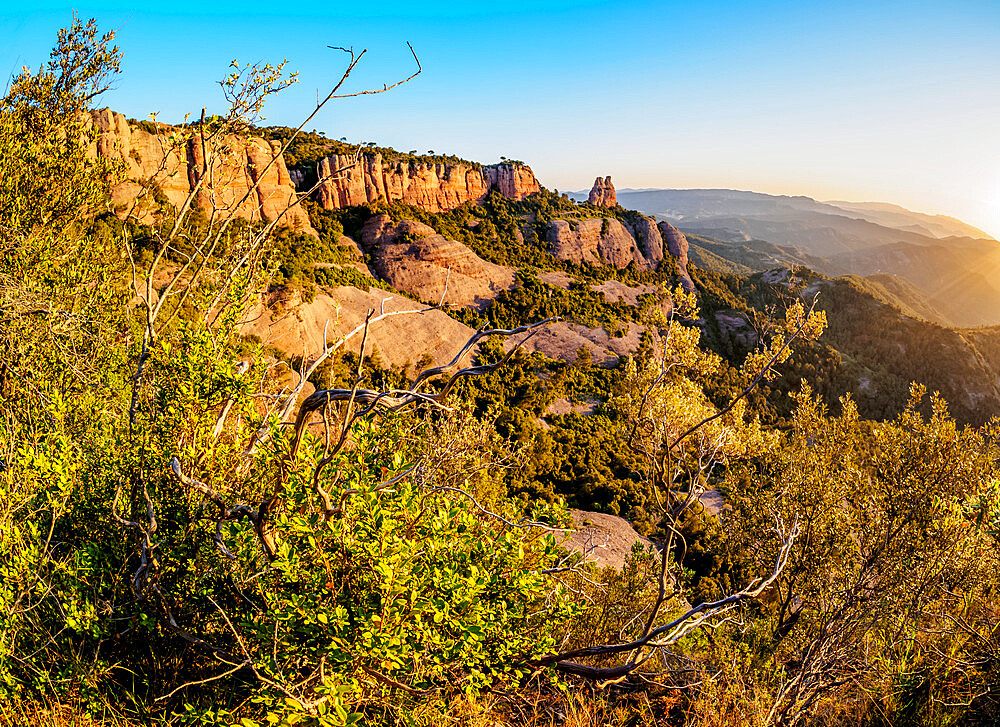 La Castellassa de Can Torras and La Mola at sunrise, Sant Llorenc del Munt Natural Park, Matadepera, Catalonia, Spain, Europe