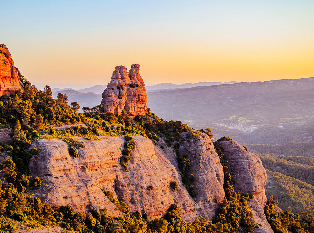 La Castellassa de Can Torras and La Mola at sunrise, Sant Llorenc del Munt Natural Park, Matadepera, Catalonia, Spain, Europe