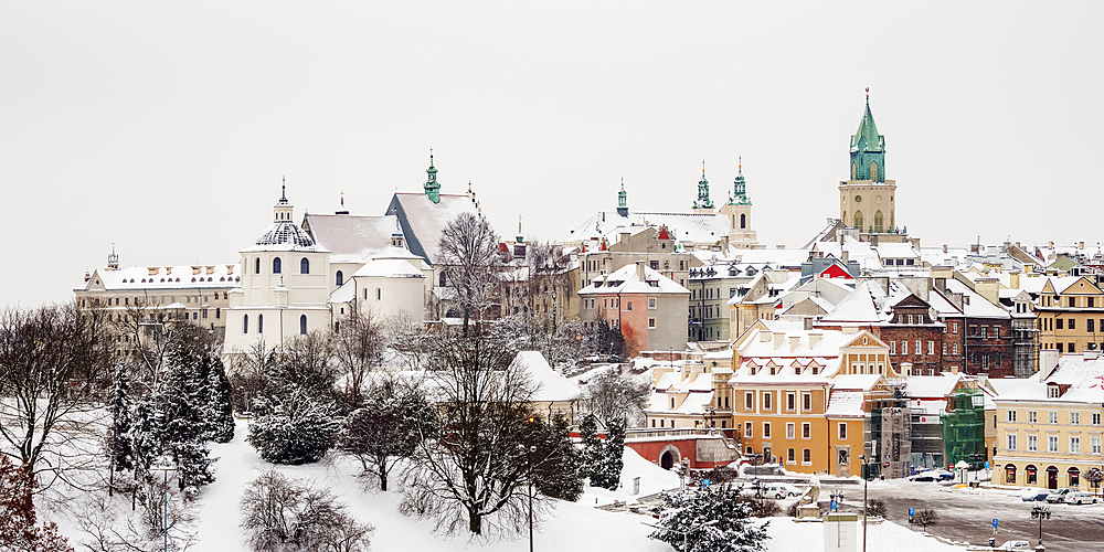 Old Town skyline featuring Dominican Priory, Cathedral and Trinitarian Tower, winter, Lublin, Lublin Voivodeship, Poland, Europe