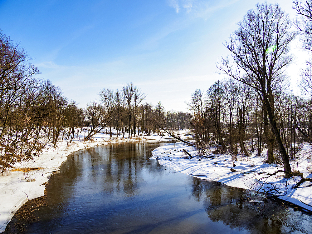 River Wieprz at winter time, elevated view, Serniki, Lublin Voivodeship, Poland, Europe