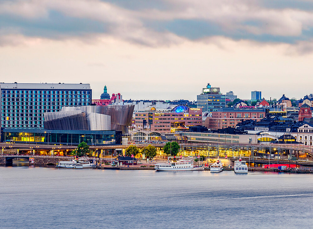 View towards the Waterfront Congress Centre at dawn, Stockholm, Stockholm County, Sweden, Scandinavia, Europe