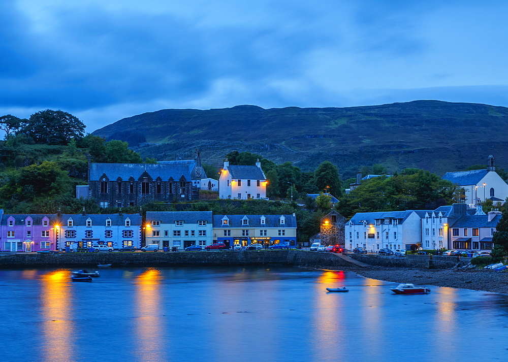 Twilight view of Portree, Isle of Skye, Inner Hebrides, Scotland, United Kingdom, Europe