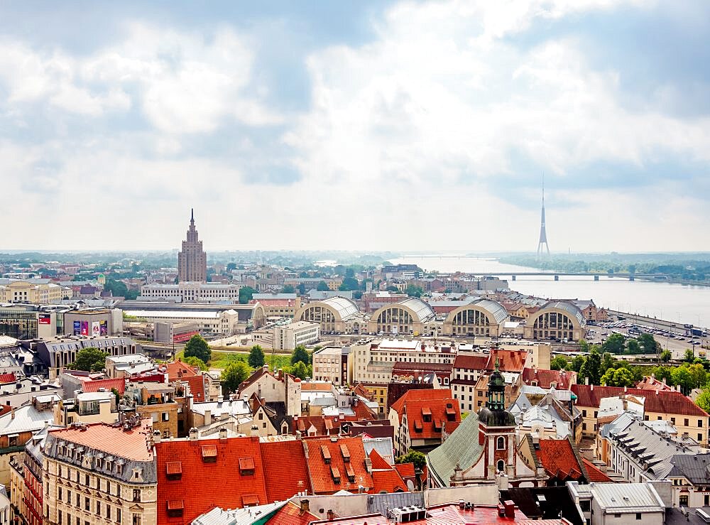 View towards Academy of Sciences and Central Market, Rga, Latvia