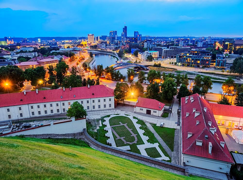 View over Neris River towards Snipiskes, New City Centre, dusk, Vilnius, Lithuania