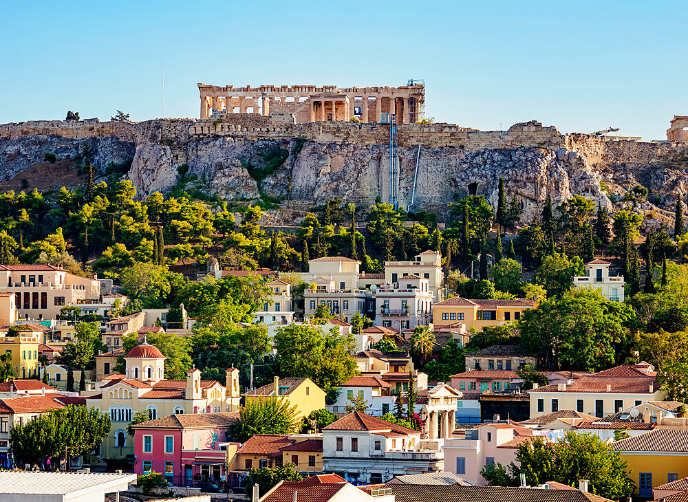 View towards Acropolis, UNESCO World Heritage Site, Athens, Attica, Greece, Europe