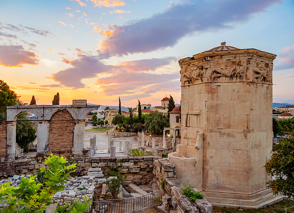 Tower of the Winds (Horologion of Andronikos Kyrrhestes) at sunset, Roman Forum, Athens, Attica, Greece, Europe