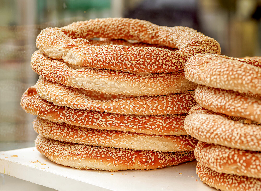 Piles of Koulouri, Simit, circular sesame bread, Athens, Attica, Greece, Europe