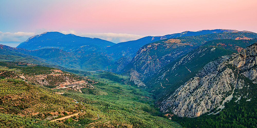 Landscape of the Pleistos River Valley at dusk, Delphi, Phocis, Greece, Europe