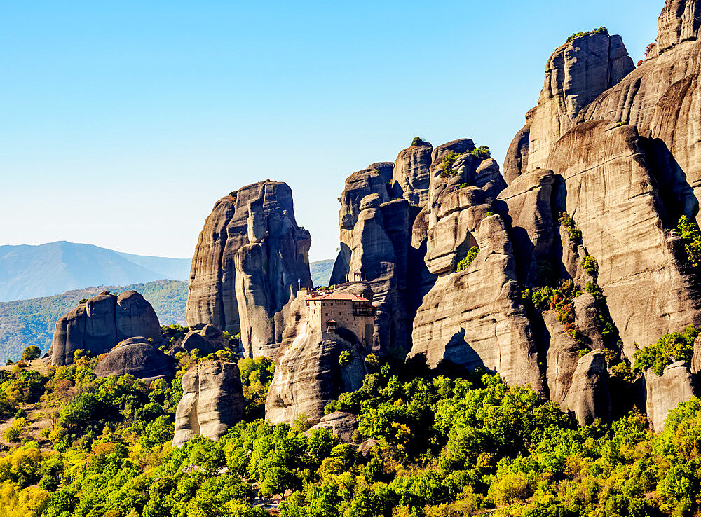 View towards the Monastery of Saint Nicholas Anapafsas (Anapausas), Meteora, UNESCO World Heritage Site, Thessaly, Greece, Europe