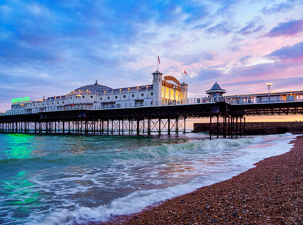 Brighton Palace Pier at dusk, City of Brighton and Hove, East Sussex, England, United Kingdom