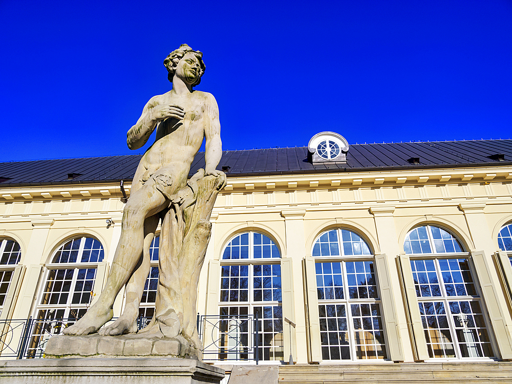 Apollo Sculpture in front of the Old Orangery, Lazienki Park (Royal Baths Park), Warsaw, Masovian Voivodeship, Poland, Europe