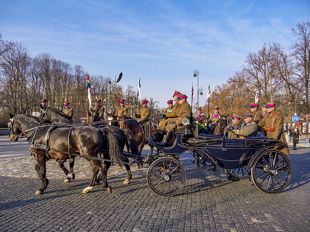 Actor as Jozef Pilsudski in a carriage, National Independence Day Horse Parade, Lazienki Park (Royal Baths Park), Warsaw, Masovian Voivodeship, Poland, Europe