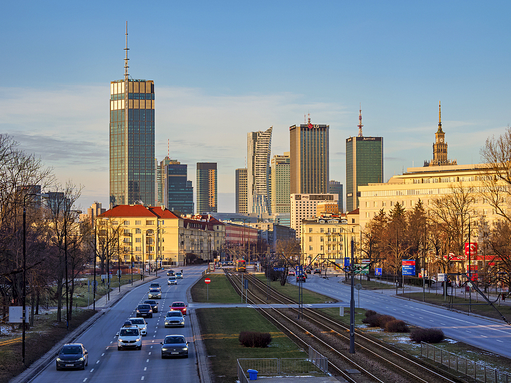 Independence Avenue and City Centre Skyline at sunset, Warsaw, Masovian Voivodeship, Poland, Europe