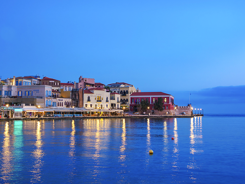 Old town waterfront at dawn, City of Chania, Crete, Greek Islands, Greece, Europe