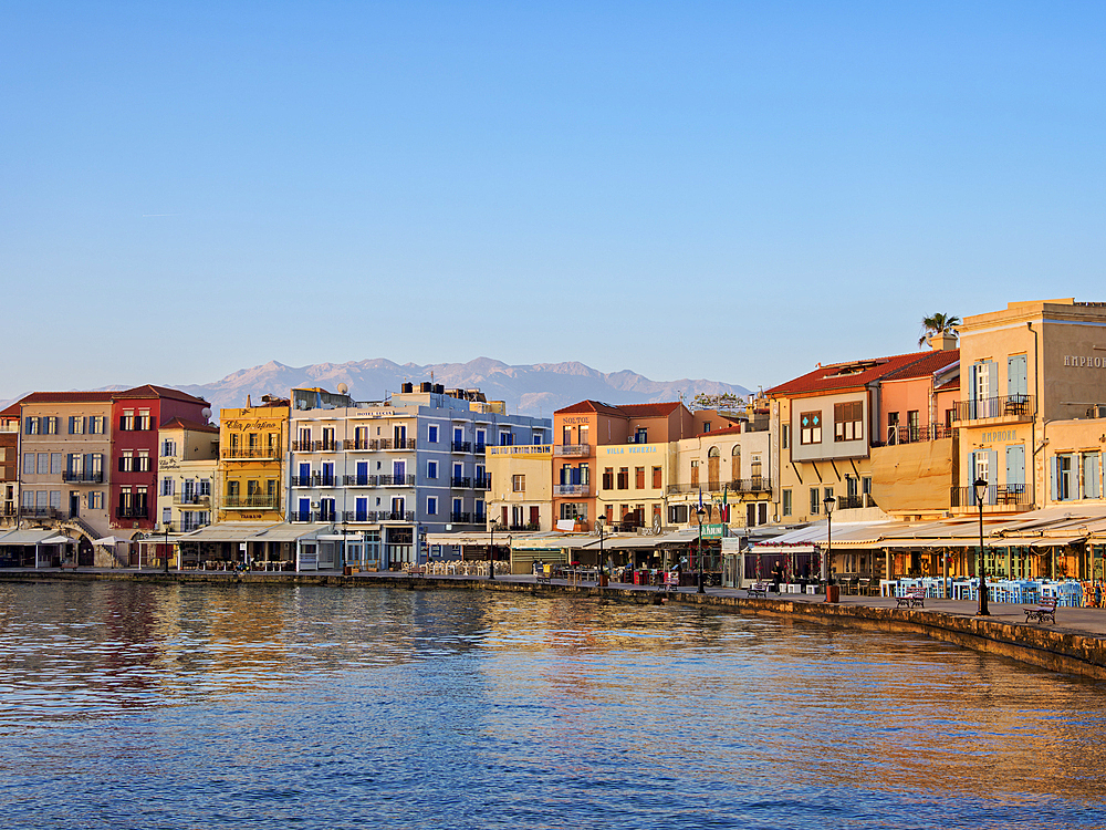 Old Town Waterfront at sunrise, City of Chania, Crete, Greek Islands, Greece, Europe