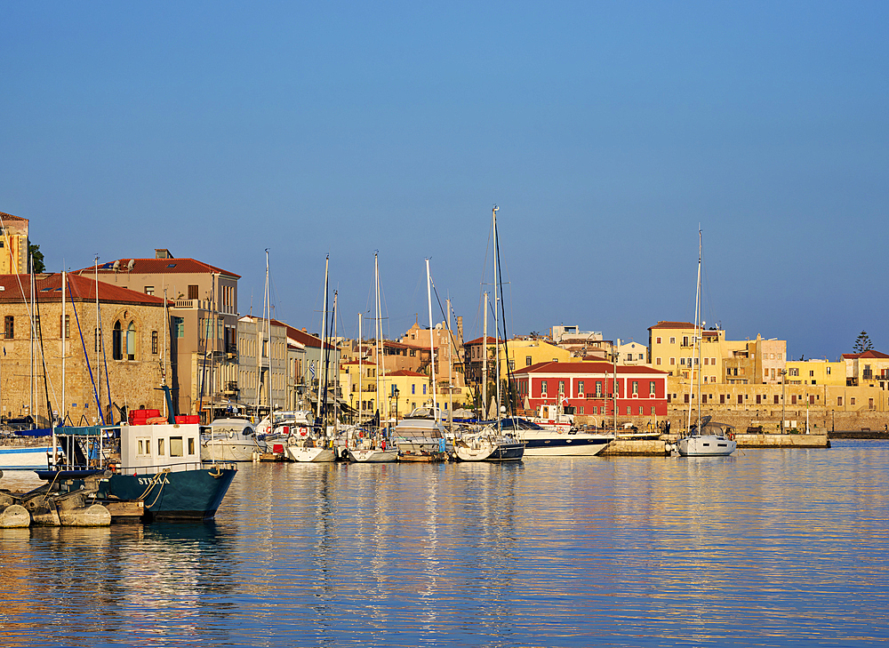 Old Town Marina at sunrise, City of Chania, Crete, Greek Islands, Greece, Europe