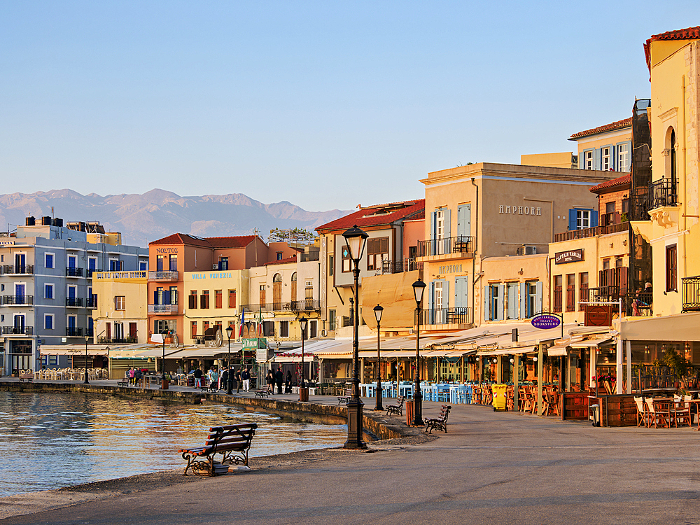 Old Town Waterfront at sunrise, City of Chania, Crete, Greek Islands, Greece, Europe