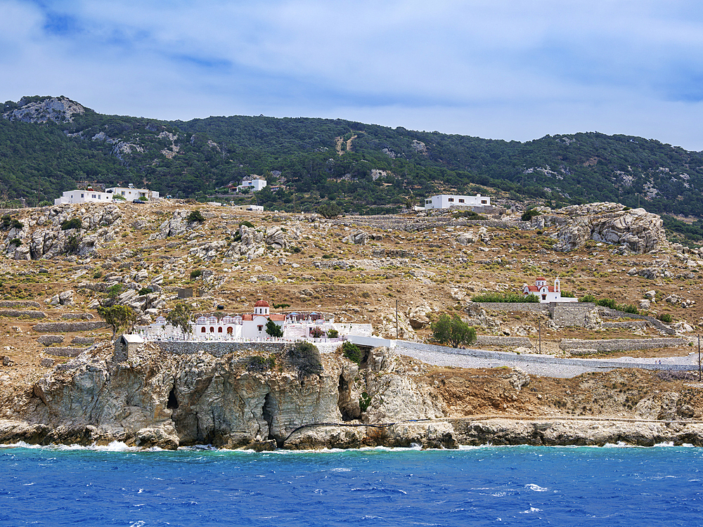 View towards the Chapel and Cemetery in Pigadia, Karpathos Island, Dodecanese, Greek Islands, Greece, Europe