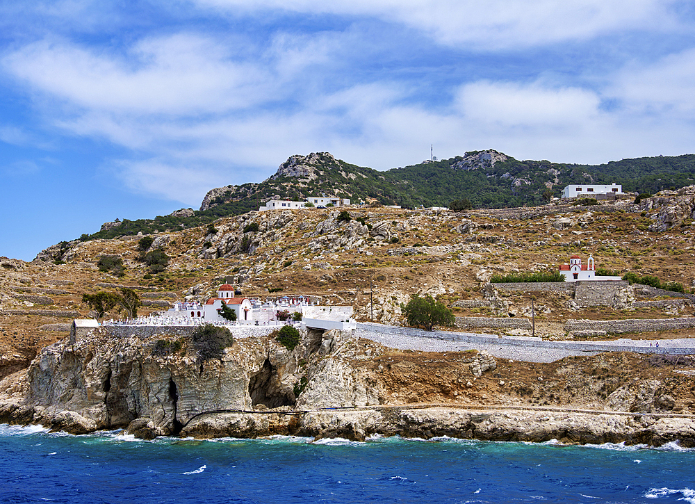 View towards the Chapel and Cemetery in Pigadia, Karpathos Island, Dodecanese, Greek Islands, Greece, Europe