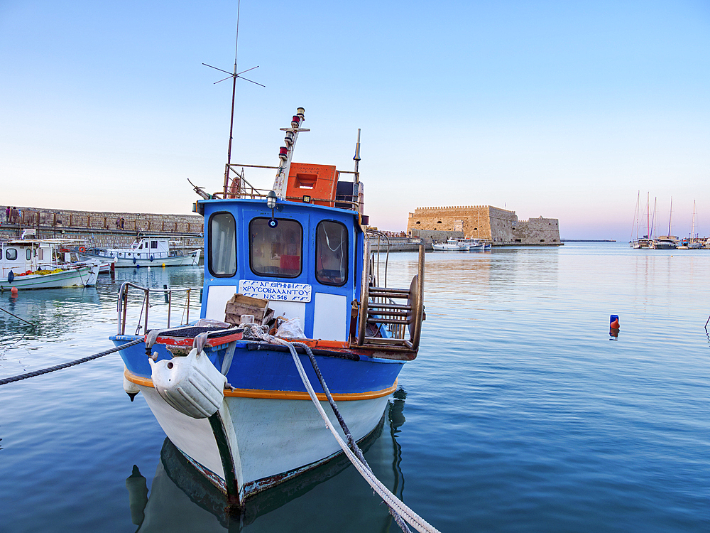 Old Venetian Port and The Koules Fortress at sunset, City of Heraklion, Crete, Greek Islands, Greece, Europe