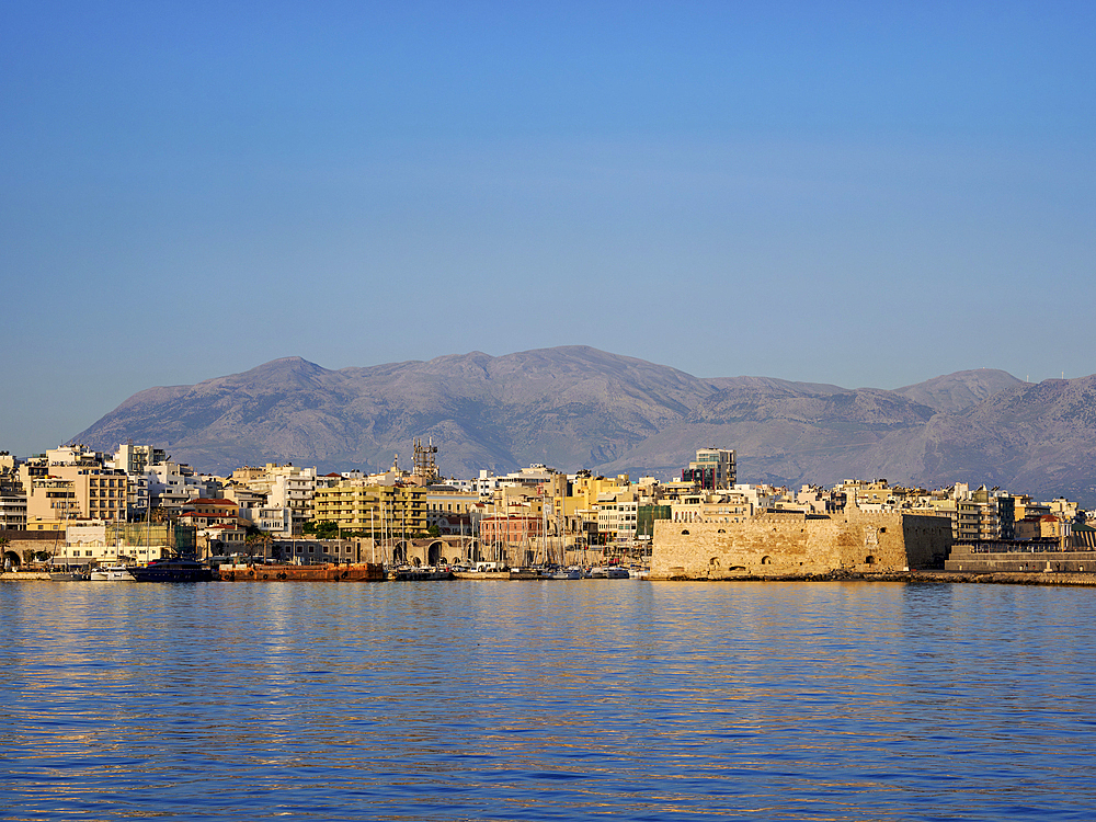 View towards The Koules Fortress, City of Heraklion, Crete, Greek Islands, Greece, Europe