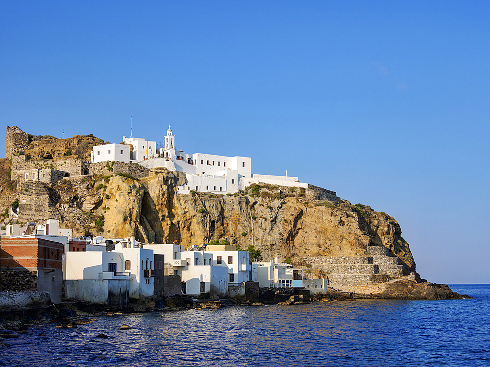 View towards the Panagia Spiliani, Blessed Virgin Mary of the Cave Monastery, Mandraki, Nisyros Island, Dodecanese, Greek Islands, Greece, Europe