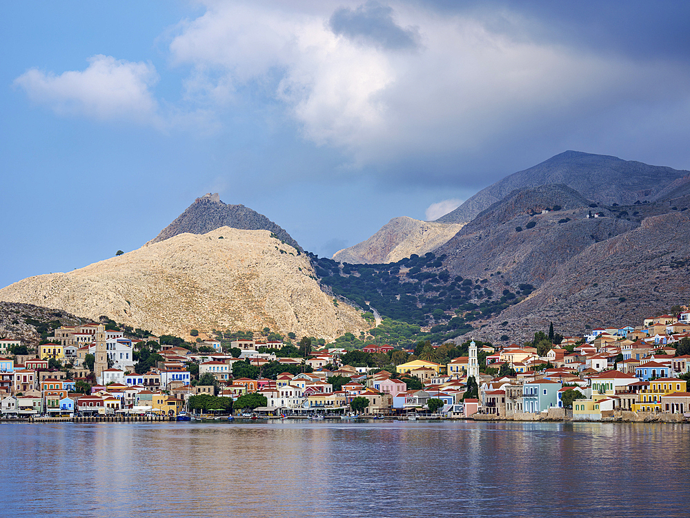 View towards the Chalki Village, Emporio, Halki Island, Dodecanese, Greek Islands, Greece, Europe