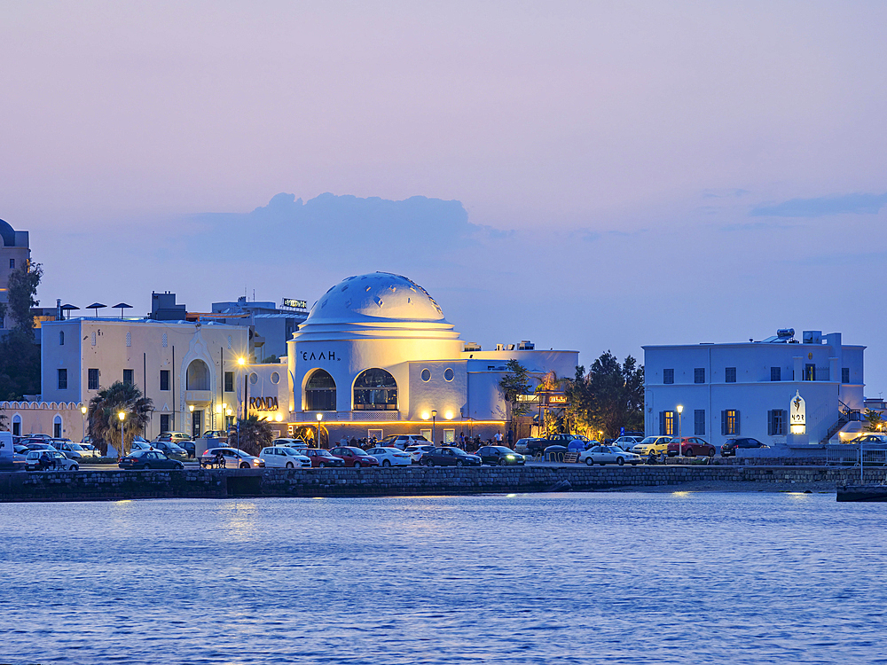 View towards the Elli Nightclub at dusk, Rhodes City, Rhodes Island, Dodecanese, Greek Islands, Greece, Europe