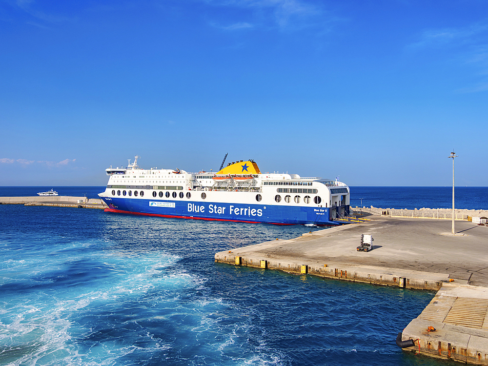 Blue Star Ferries ship at Ferry Terminal, Rhodes City, Rhodes Island, Dodecanese, Greek Islands, Greece, Europe