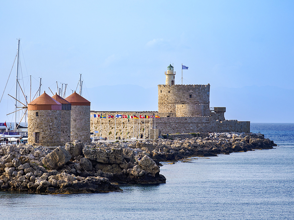 Windmills and Saint Nicholas Fortress, Rhodes City, Rhodes Island, Dodecanese, Greek Islands, Greece, Europe