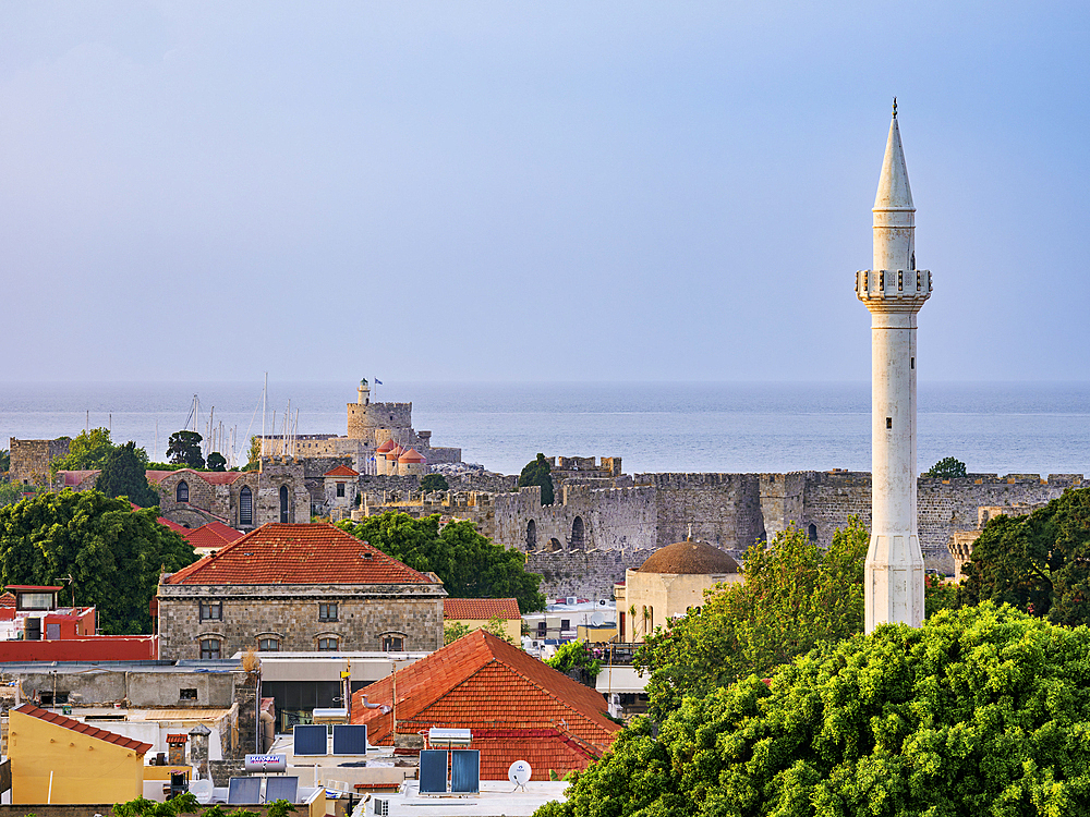 View over Ibrahim Pasha Mosque Minaret and Medieval Old Town towards Saint Nicholas Fortress, Rhodes City, Rhodes Island, Dodecanese, Greek Islands, Greece, Europe