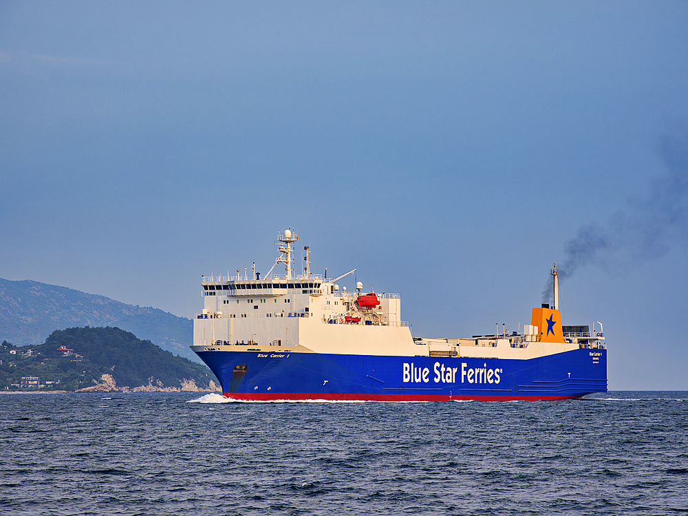 Blue Star ferry arriving at the port in Samos Town, Samos Island, North Aegean, Greek Islands, Greece, Europe