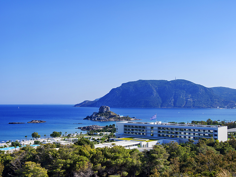 View towards the Kastri Island, Kamari Bay, Kos Island, Dodecanese, Greek Islands, Greece, Europe