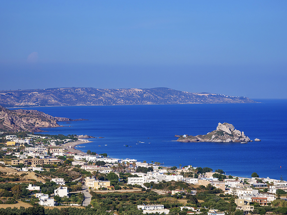 View towards the Kastri Island, Kamari Bay, Kos Island, Dodecanese, Greek Islands, Greece, Europe