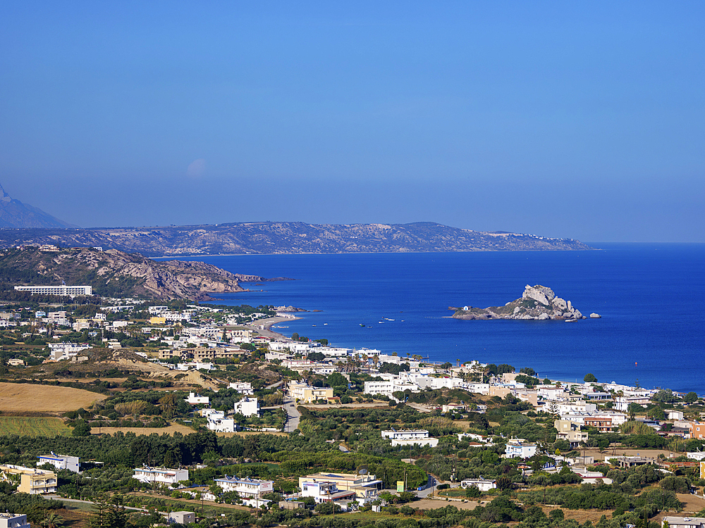 View towards the Kastri Island, Kamari Bay, Kos Island, Dodecanese, Greek Islands, Greece, Europe