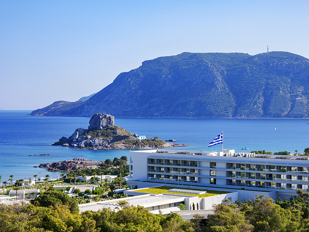 View towards the Kastri Island, Kamari Bay, Kos Island, Dodecanese, Greek Islands, Greece, Europe