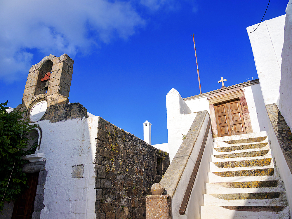 Whitewashed Churches of Patmos Chora, low angle view, Patmos Island, Dodecanese, Greek Islands, Greece, Europe