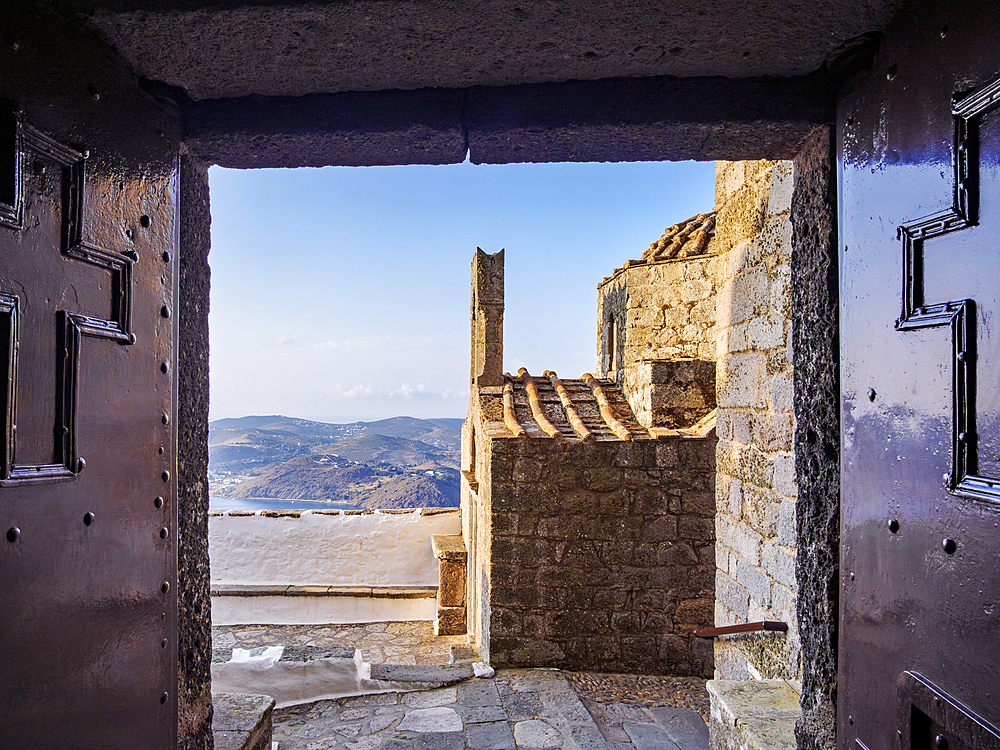 Church at the entrance to the Monastery of Saint-John the Theologian, Patmos Chora, Patmos Island, Dodecanese, Greek Islands, Greece, Europe