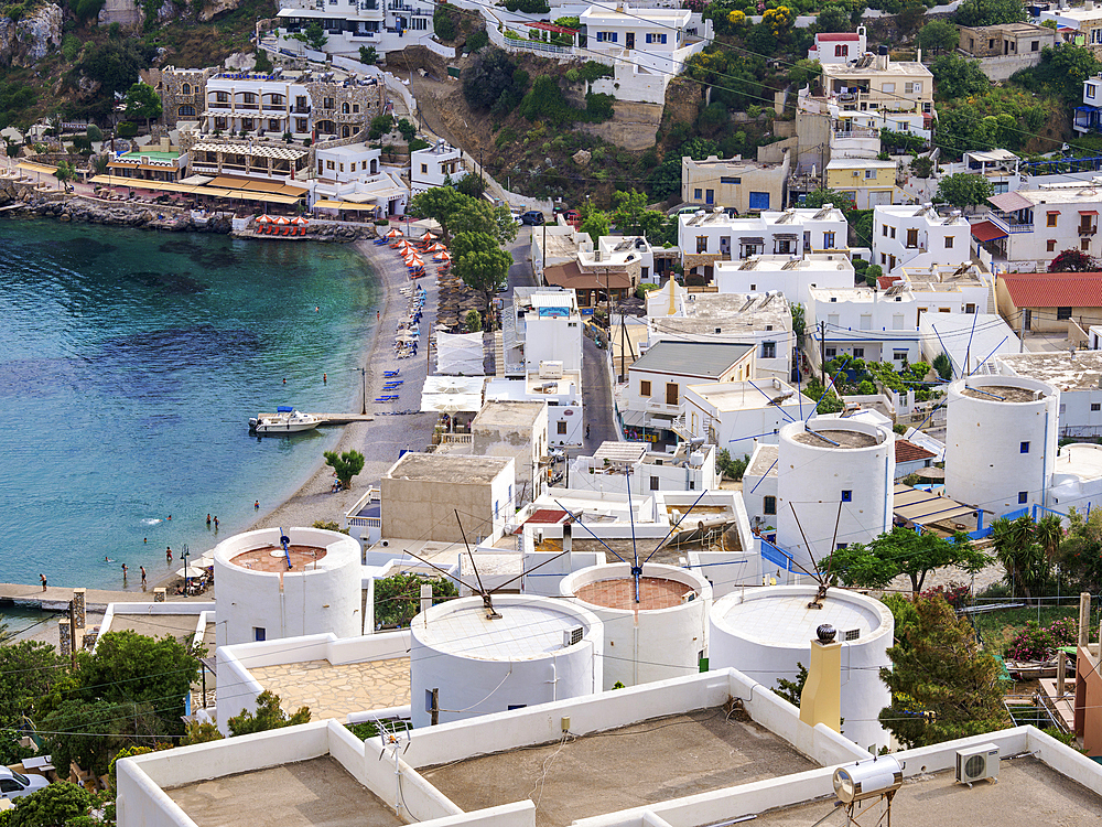 Windmills and Pandeli Beach, elevated view, Leros Island, Dodecanese, Greek Islands, Greece, Europe