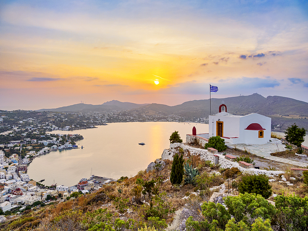 Church of Prophet Elias above the town of Agia Marina at sunset, Leros Island, Dodecanese, Greek Islands, Greece, Europe