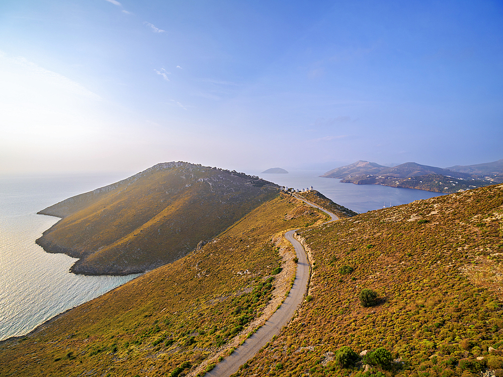 View towards the Windmills of Pandeli at sunrise, elevated view, Leros Island, Dodecanese, Greek Islands, Greece, Europe