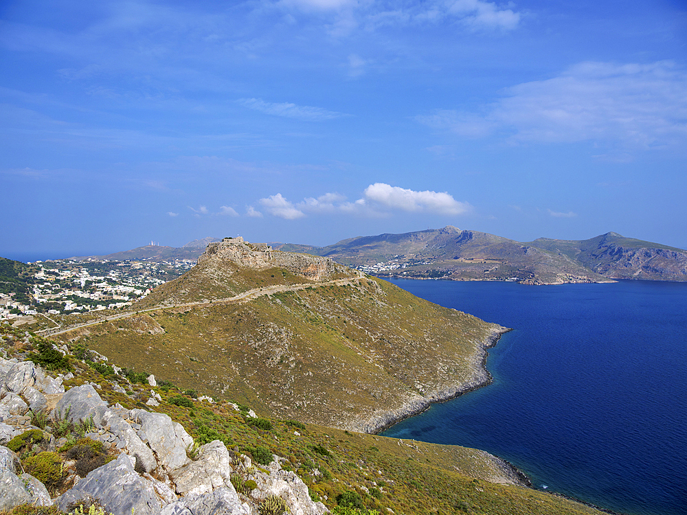 View towards the Medieval Castle of Pandeli, Leros Island, Dodecanese, Greek Islands, Greece, Europe