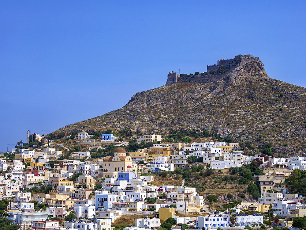 Platanos and Medieval Castle of Pandeli, Agia Marina, Leros Island, Dodecanese, Greek Islands, Greece, Europe