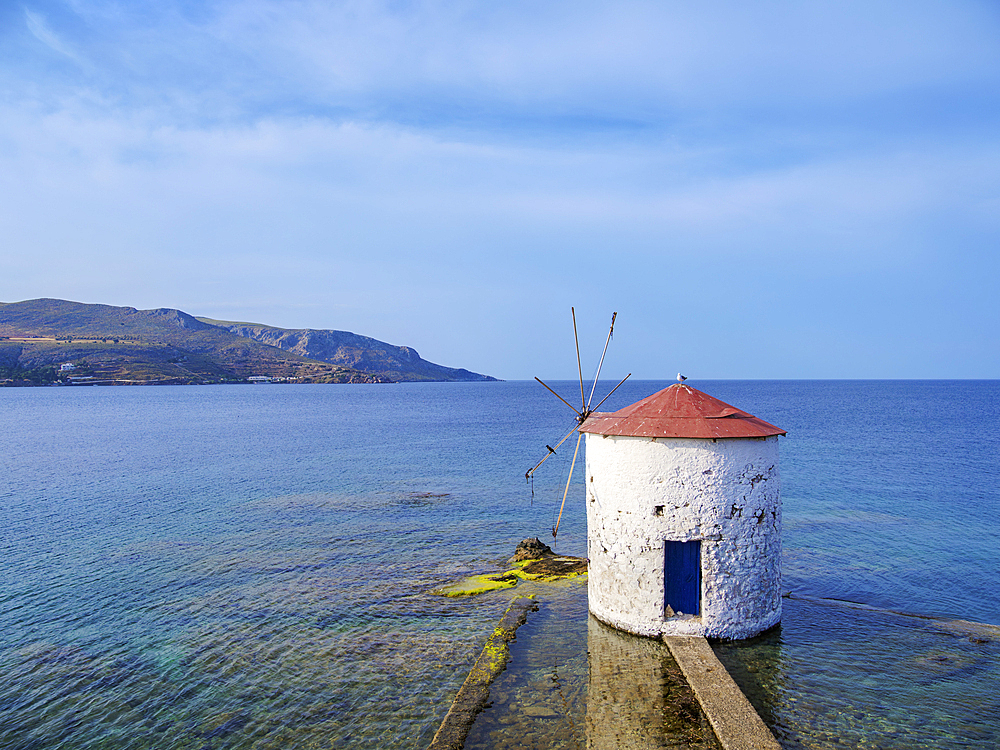 Windmill on the water, elevated view, Agia Marina, Leros Island, Dodecanese, Greek Islands, Greece, Europe