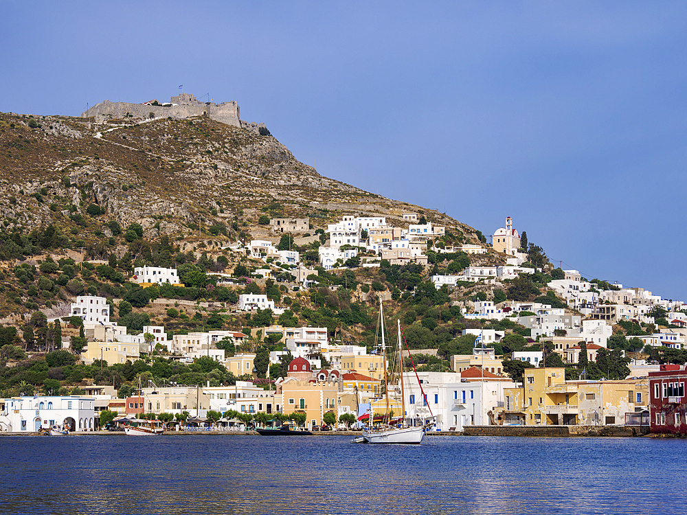 Agia Marina Waterfront and Medieval Castle of Pandeli, Leros Island, Dodecanese, Greek Islands, Greece, Europe