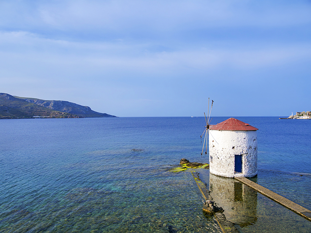 Windmill on the water, elevated view, Agia Marina, Leros Island, Dodecanese, Greek Islands, Greece, Europe