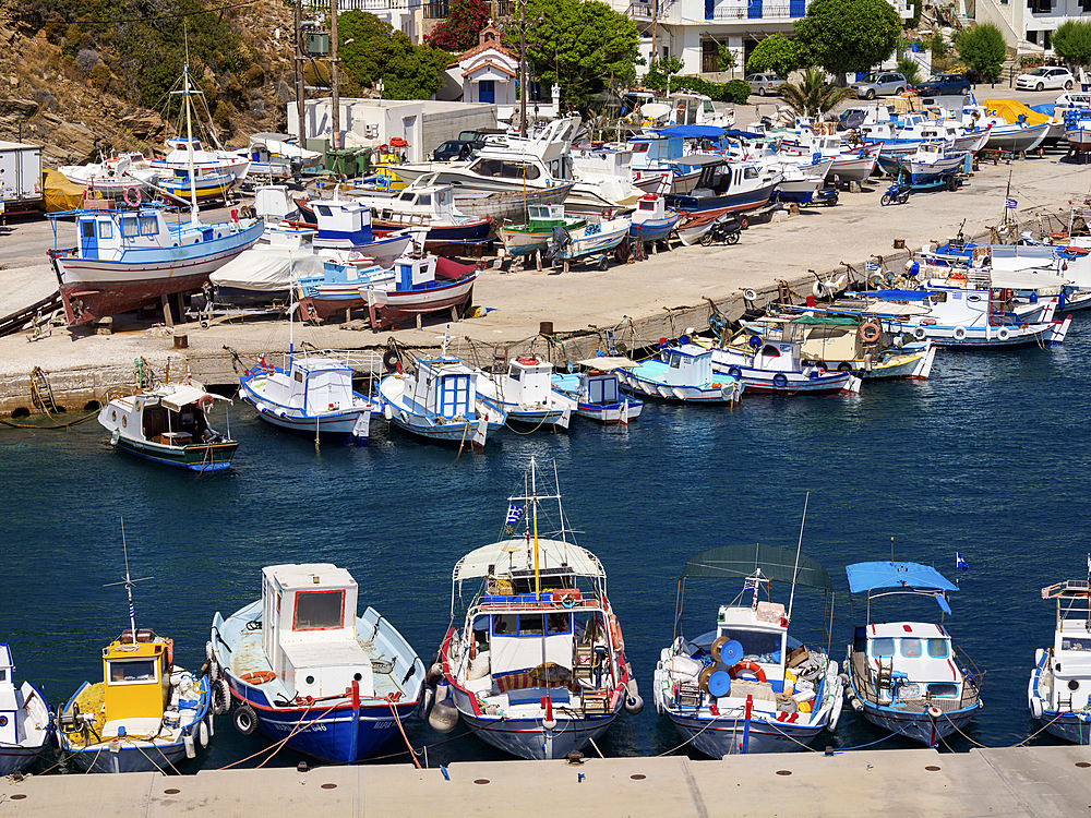 Fishing Boats at the Port in Fournoi, elevated view, Fournoi Island, North Aegean, Greek Islands, Greece, Europe