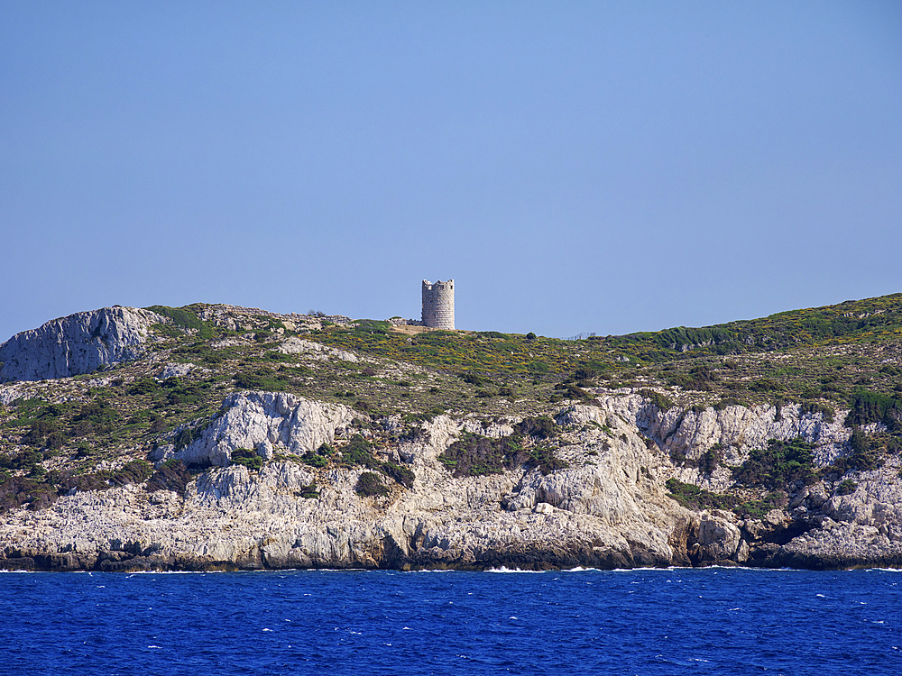 View towards the Tower of Drakano, Icaria Island, North Aegean, Greek Islands, Greece, Europe