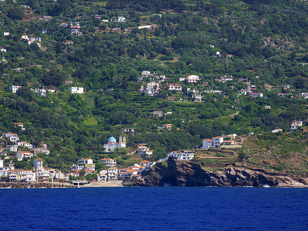 View towards Karavostamo Village, Icaria Island, North Aegean, Greek Islands, Greece, Europe